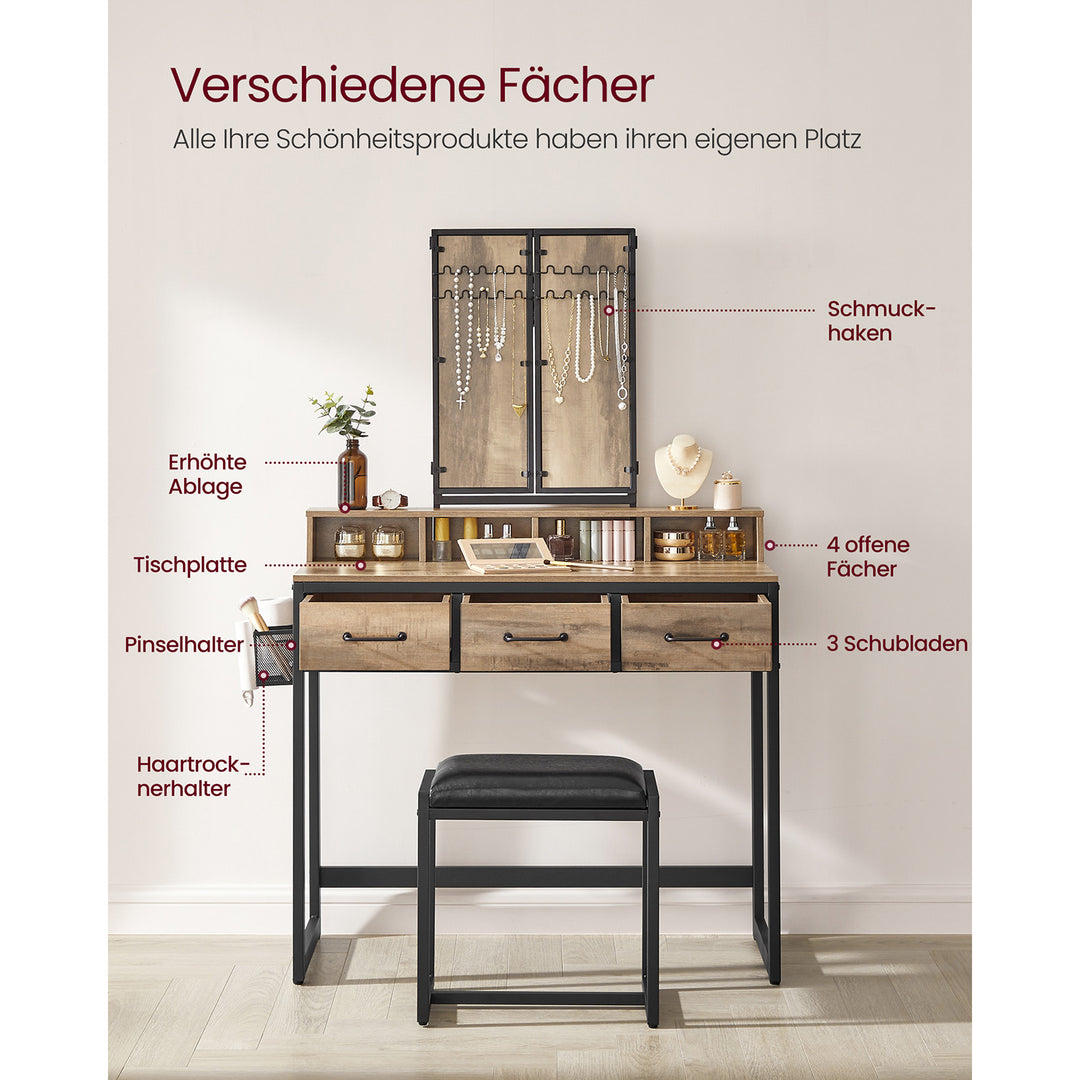 Makeupbord i industriel stil med polstret skammel, trefoldet spejl, 3 skuffer, hårtørrerholder og kosmetikbord, mål: 40 x 90 x 141 cm