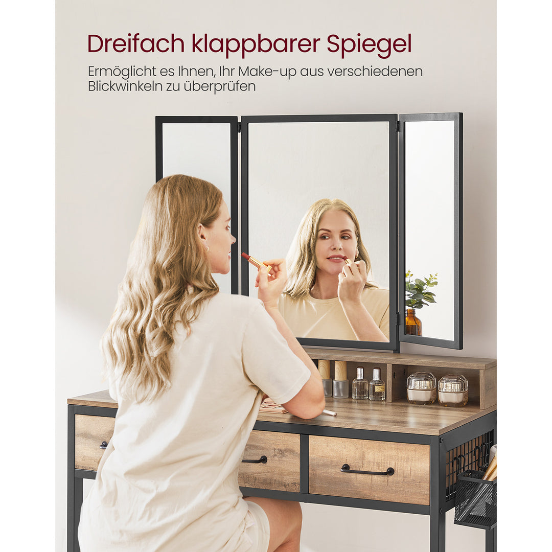 Makeupbord i industriel stil med polstret skammel, trefoldet spejl, 3 skuffer, hårtørrerholder og kosmetikbord, mål: 40 x 90 x 141 cm