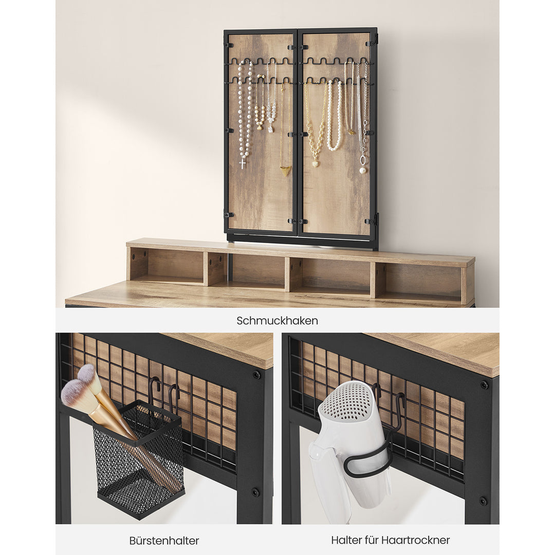 Makeupbord i industriel stil med polstret skammel, trefoldet spejl, 3 skuffer, hårtørrerholder og kosmetikbord, mål: 40 x 90 x 141 cm