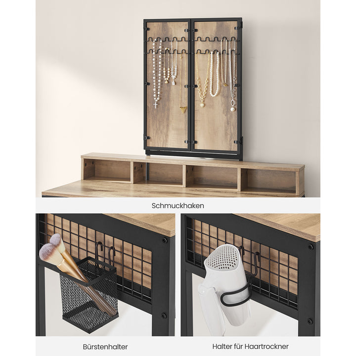 Makeupbord i industriel stil med polstret skammel, trefoldet spejl, 3 skuffer, hårtørrerholder og kosmetikbord, mål: 40 x 90 x 141 cm