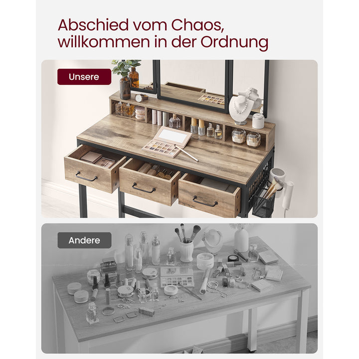 Makeupbord i industriel stil med polstret skammel, trefoldet spejl, 3 skuffer, hårtørrerholder og kosmetikbord, mål: 40 x 90 x 141 cm