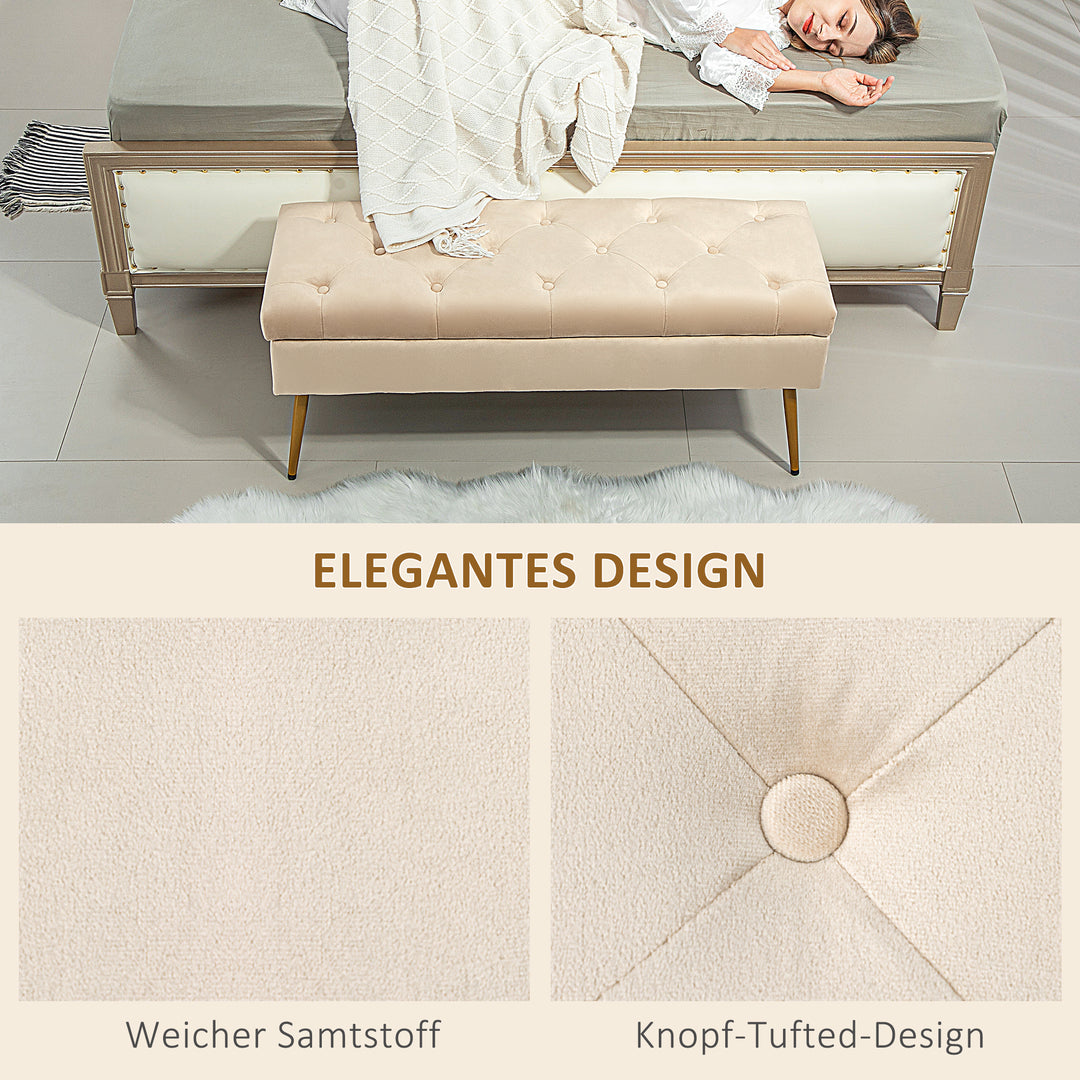 Fløjlsbænk med opbevaring, polstret fodskammel og tuftet design, metalstel, 102 x 35 x 43 cm, beige