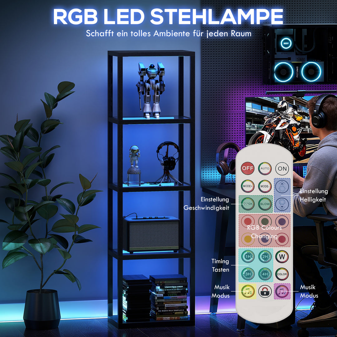 RGB-gulvlampe med glashylder, 4-lags LED-gulvlampe med fjernbetjening, musiksynkronisering, sort