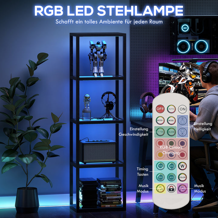 RGB-gulvlampe med glashylder, 4-lags LED-gulvlampe med fjernbetjening, musiksynkronisering, sort