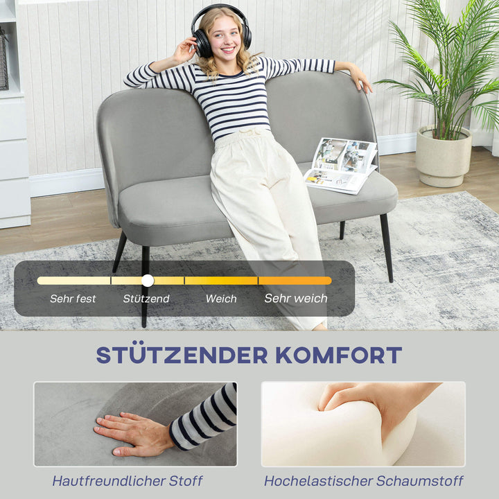 2-personers sofa, moderne polstret sofa med metal- og træstel, fløjlsblødt stofbetræk, grå