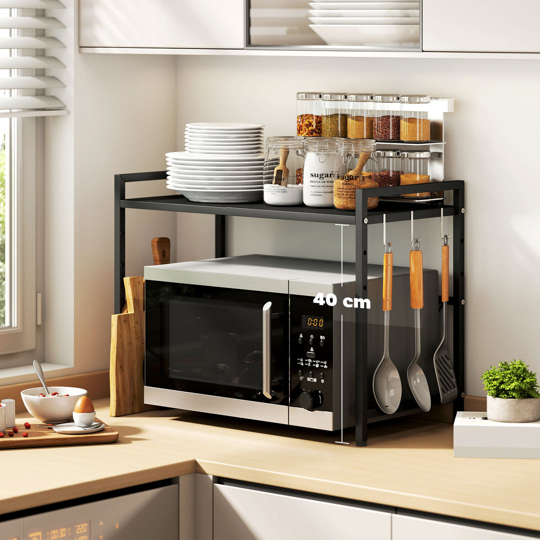 Mikrobølgeovnshylde, 3 kroge, udtrækkelig, metal, 40 cm høj, sort