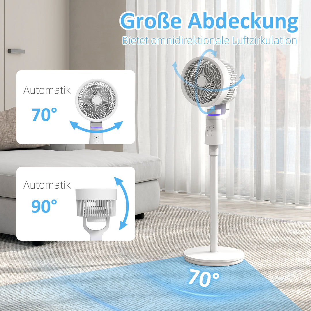 Sokkelventilator, luftcirkulator, ventilator med 3 hastighedsindstillinger, fjernbetjening, timer, 70°+90° oscillation
