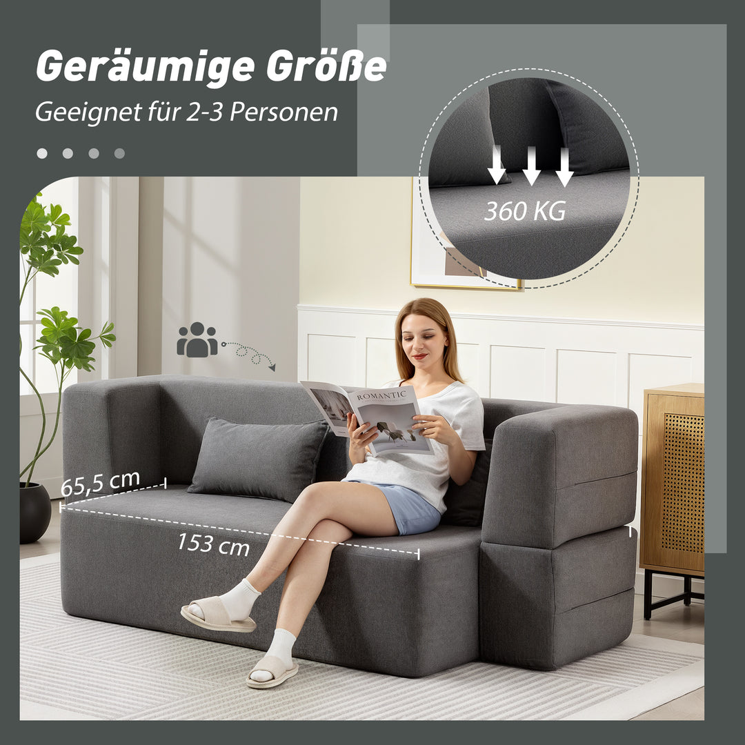 2-personers skumsovesofa, sovesofa med brede armlæn, 2 hynder, 360 kg lasteevne, grå