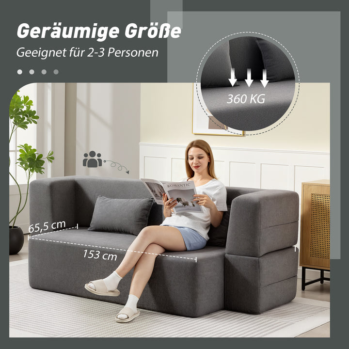 2-personers skumsovesofa, sovesofa med brede armlæn, 2 hynder, 360 kg lasteevne, grå