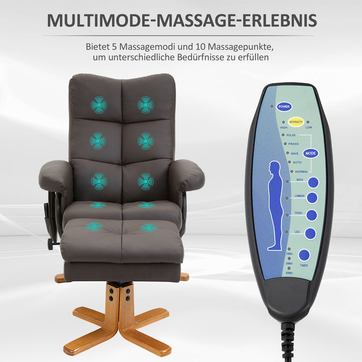 Afslappende lænestol med lænefunktion massagestol med fodskammel tv-stol tv-stol 145° vipbar lænestol ergonomisk stol med 10 vibrationspunkter kunstlæder brun 80 x 86 x 99 cm