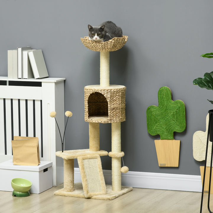Kradsetræ med kattehule, liggeplatform, legebold, 45x40x116 cm, brun/beige