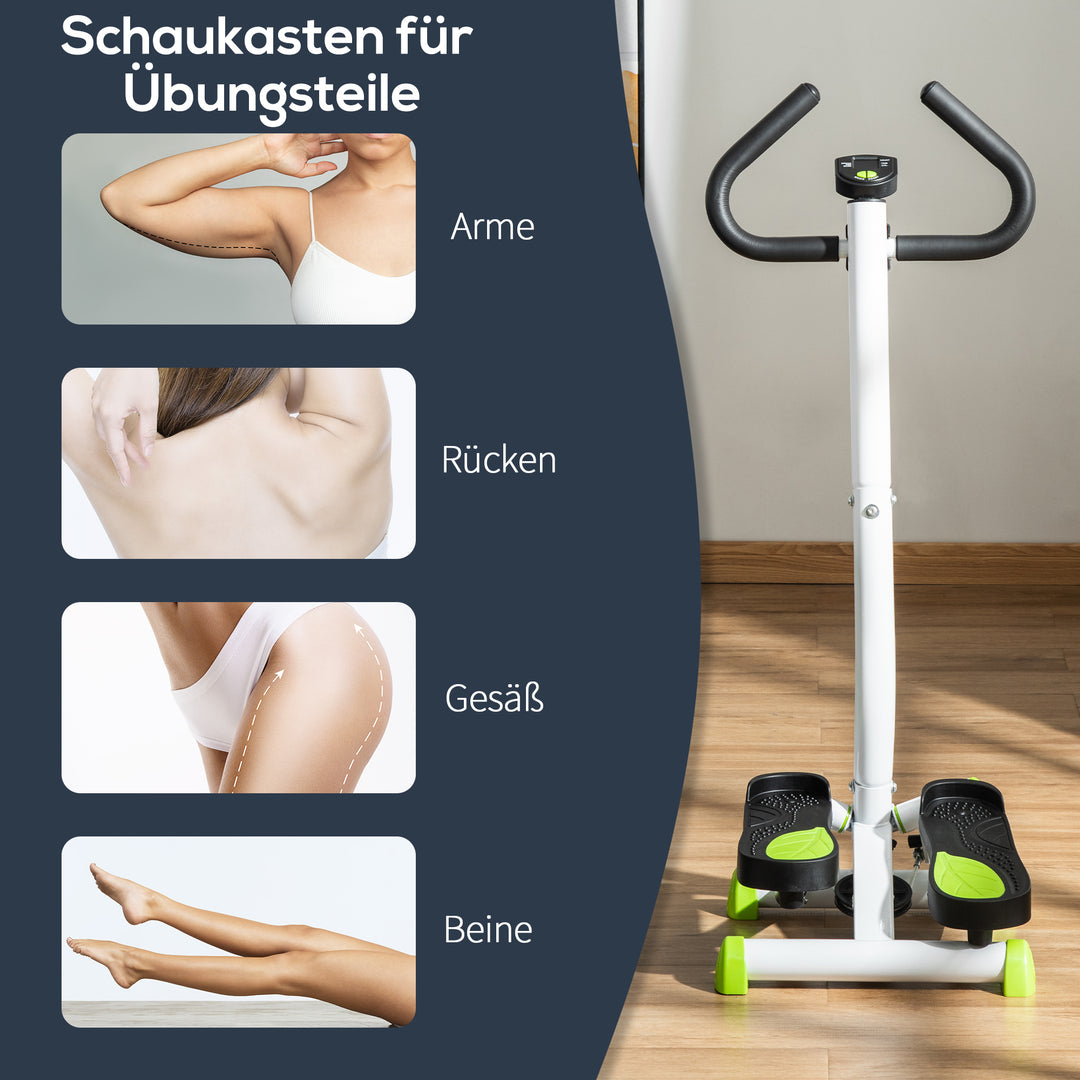 Stepper fitnessudstyr, lcd-skærm, skridsikre pedaler, stål og abs, 55 x 44 x 108 cm, grøn + sort
