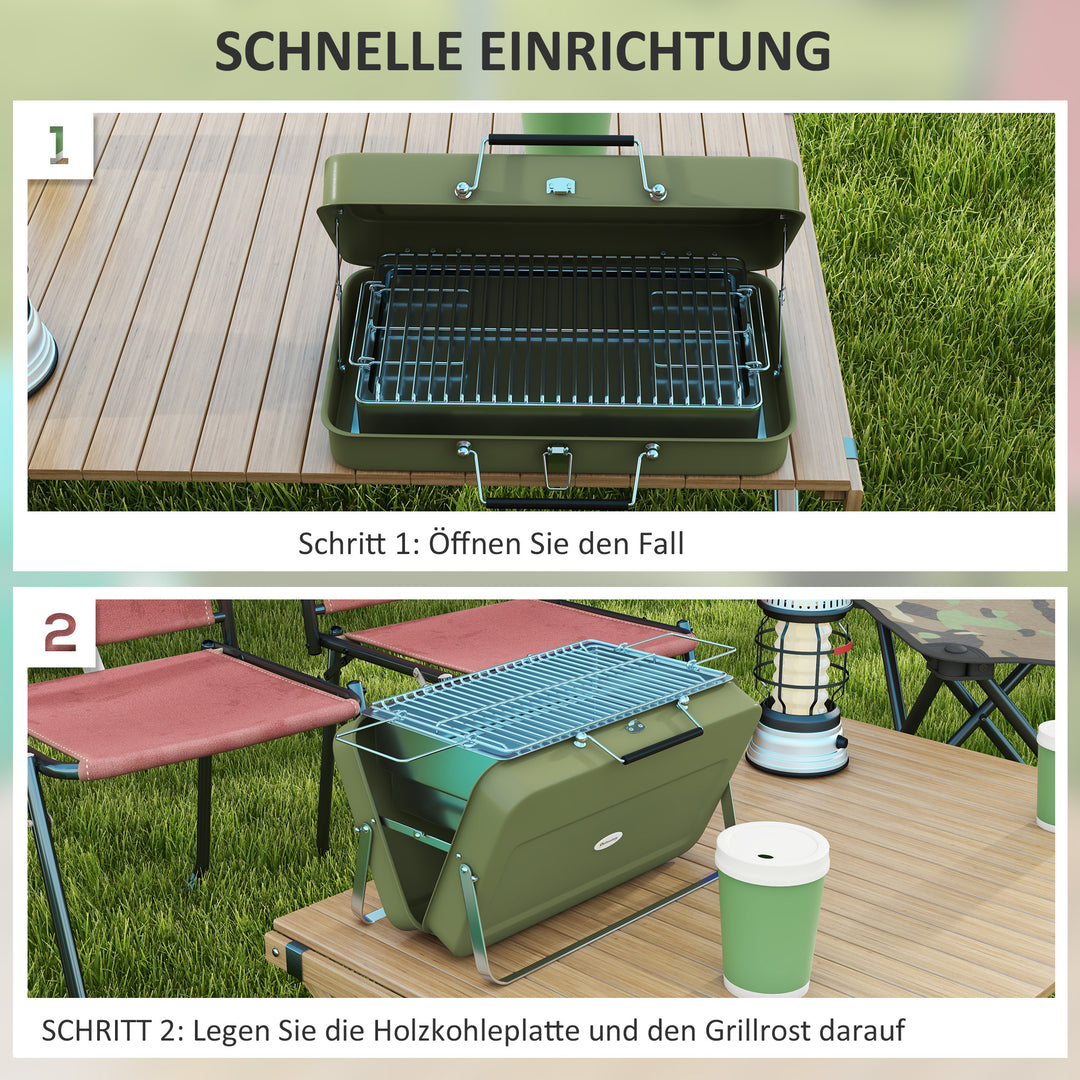 Bærbar kulgrill, mini-kulgrill, foldbar, med kulbakke og askeopsamler, metalhus, grøn