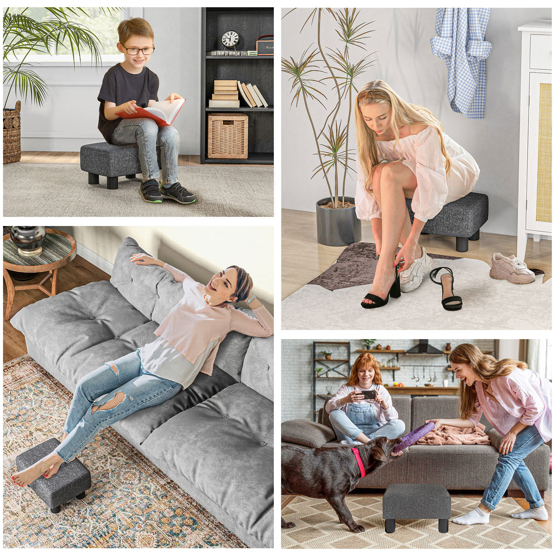 Fodskammel, siddeskammel med betræk af linnedlignende stof, skumfyld, plastikben, til forskellige rum, grå