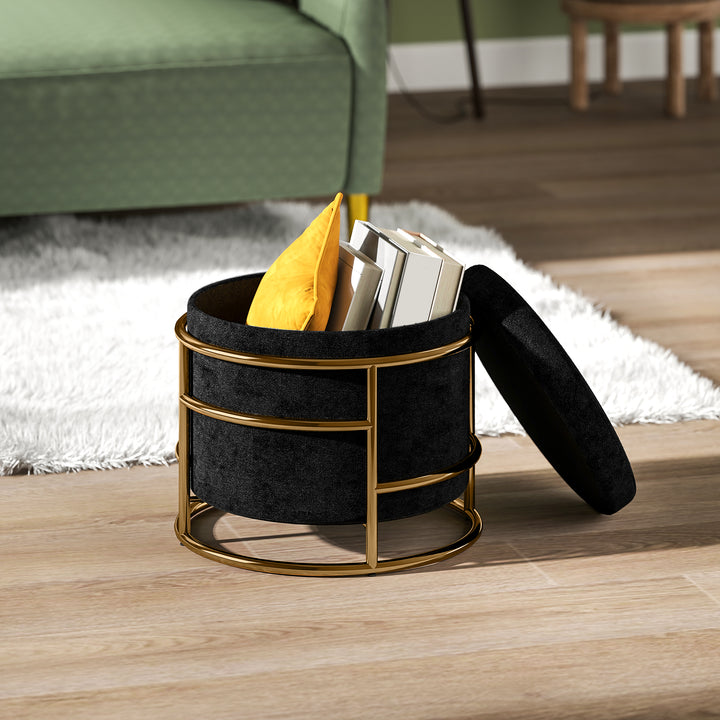 Opbevaringspuf, polstret fodskammel, metalstel, forgyldt, sort