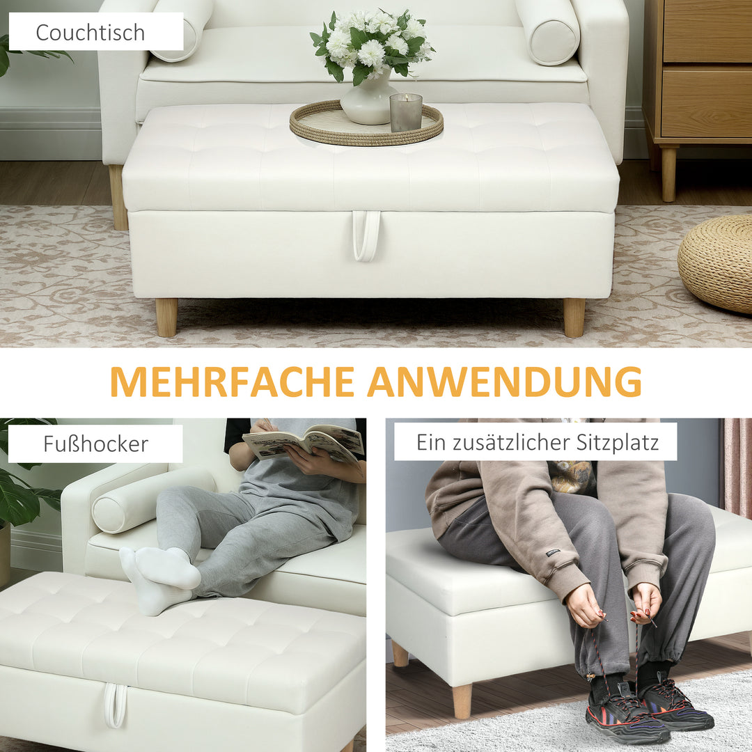 Polstret opbevaringsfodskammel med træben og blødt stofbetræk, cremehvid