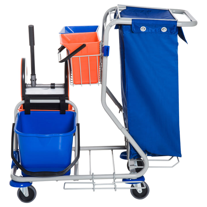 Rengøringsvogn med 2 x 18L og 2 x 6L spande, moppevogn, husholdningsvogn med moppepresse, opbevaringskurv, blå/orange, 93 x 80 x 97 cm