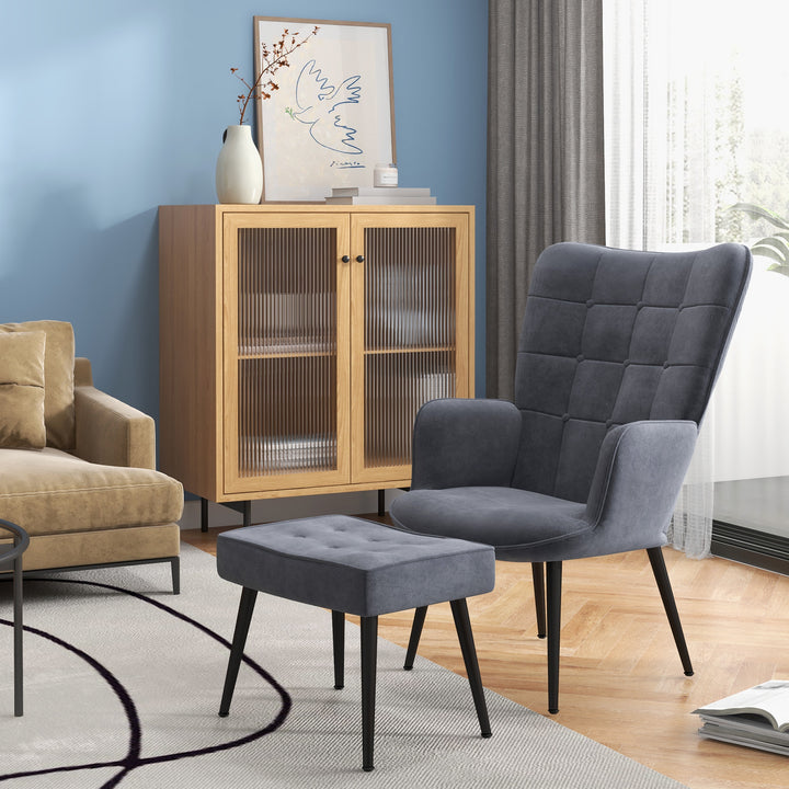 Lænestol med fodskammel, op til 120 kg. knapsøm, mørkegrå