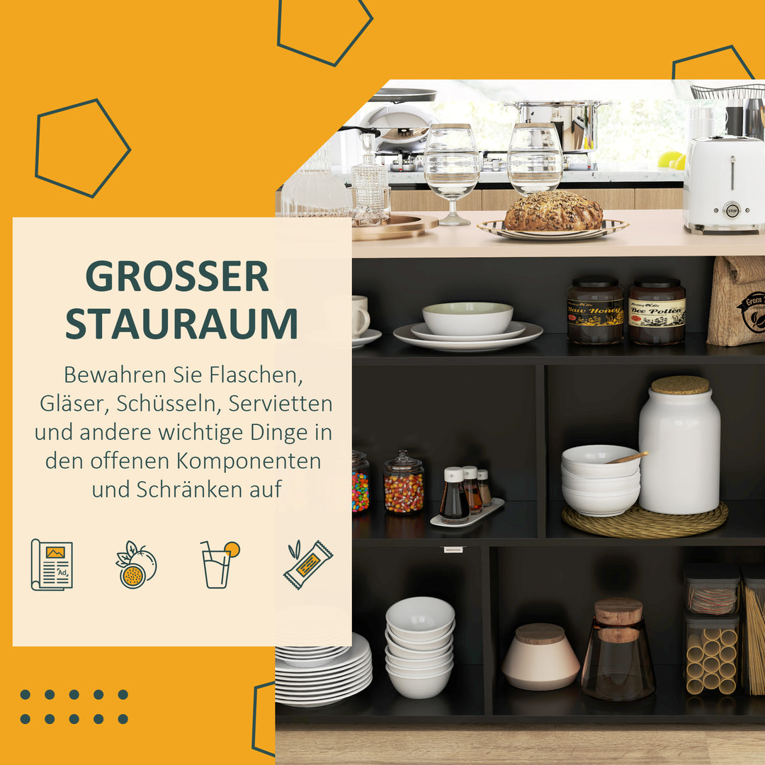 3-Delt barsæt, barbord med foldbar bordplade, 2 barstole, 6 opbevaringsrum, sort + eg, 116 x 70 x 89,5 cm