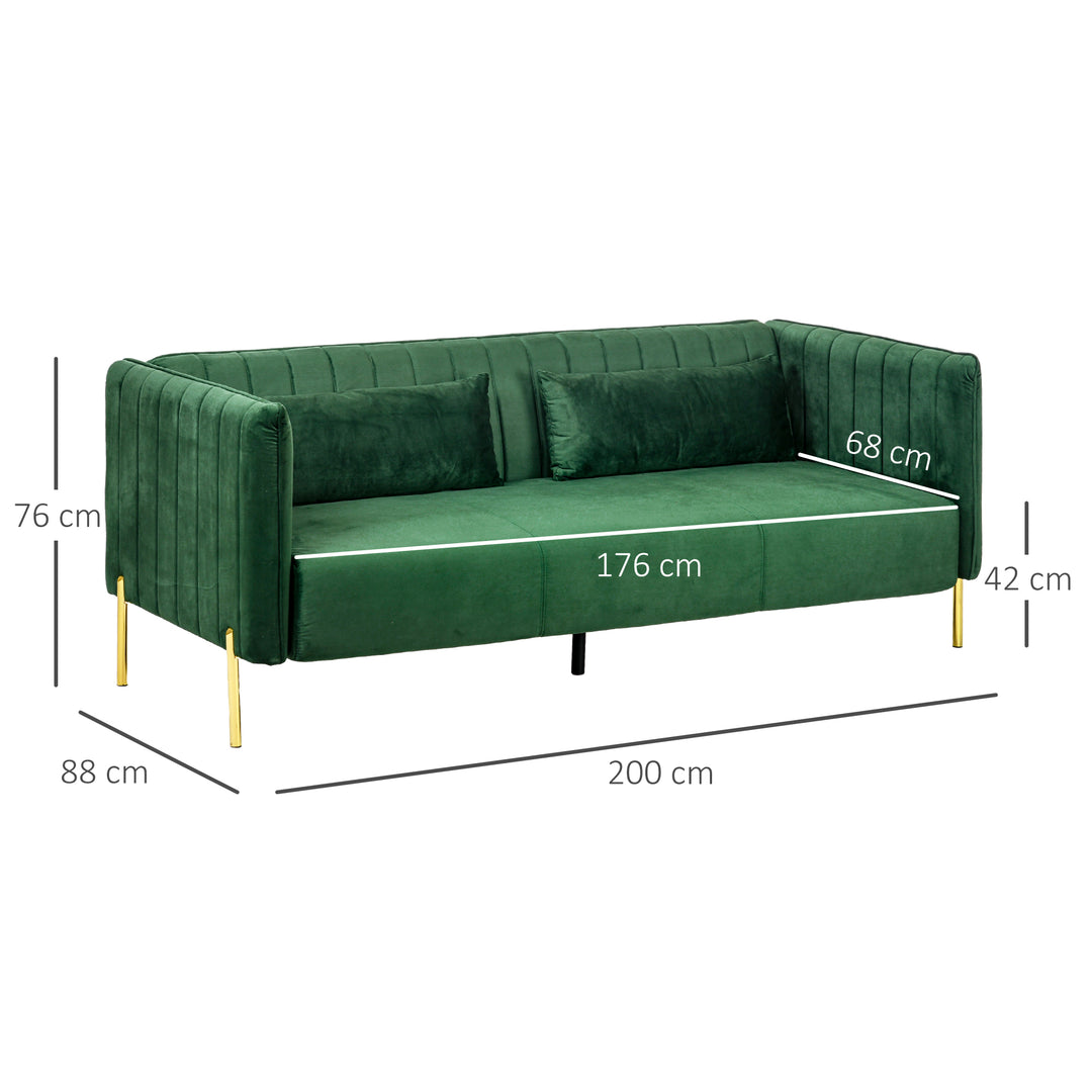 Sofa 3-personers sofa, inklusive 2 hynder, fløjlslook, retrodesign, aftageligt betræk, 195 cm x 88 cm x 76 cm grøn