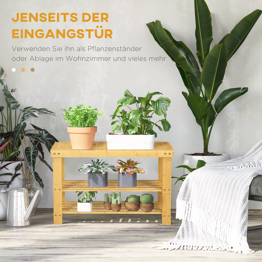 Skobænk, 3 niveauer, plads til 6-9 par sko, op til 130 kg, bambus, 70 x 28 x 45 cm