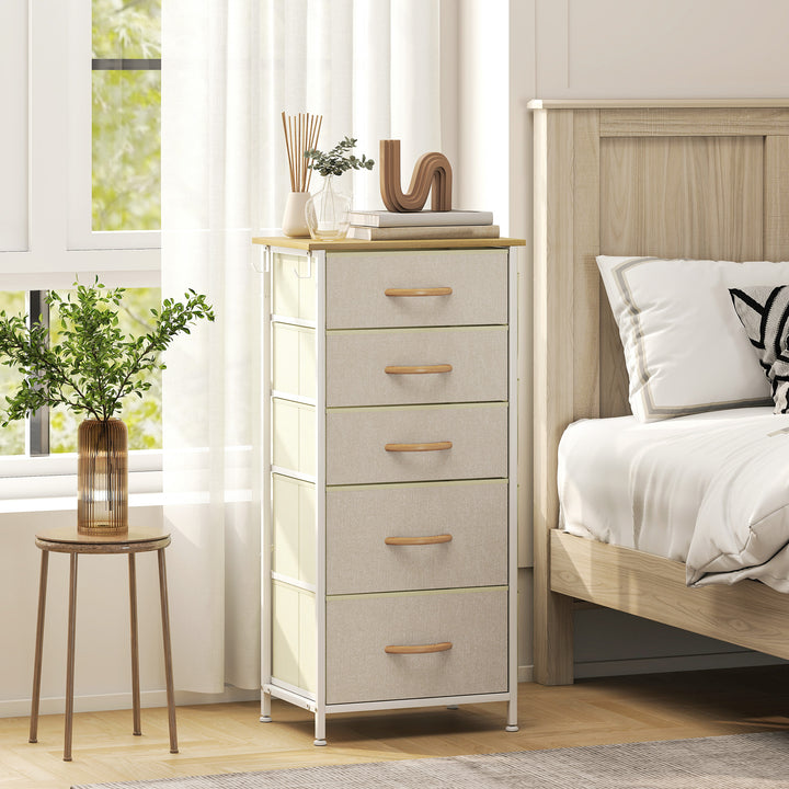Kommode med 5 skuffer i fiberdug med kroge, beige