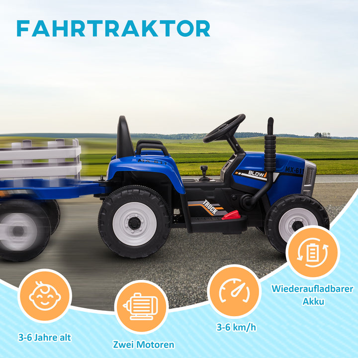 Elbil til børn med anhænger, fjernbetjening, forlygter, 3-6 km/t, til børn i alderen 3-6 år, blå