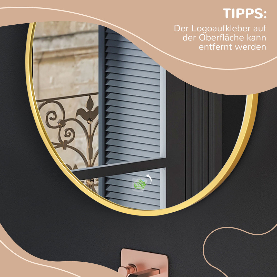 Kleankin rundt vægspejl til badeværelse, soveværelse, entré, metalramme, farve: guld, ø50 cm