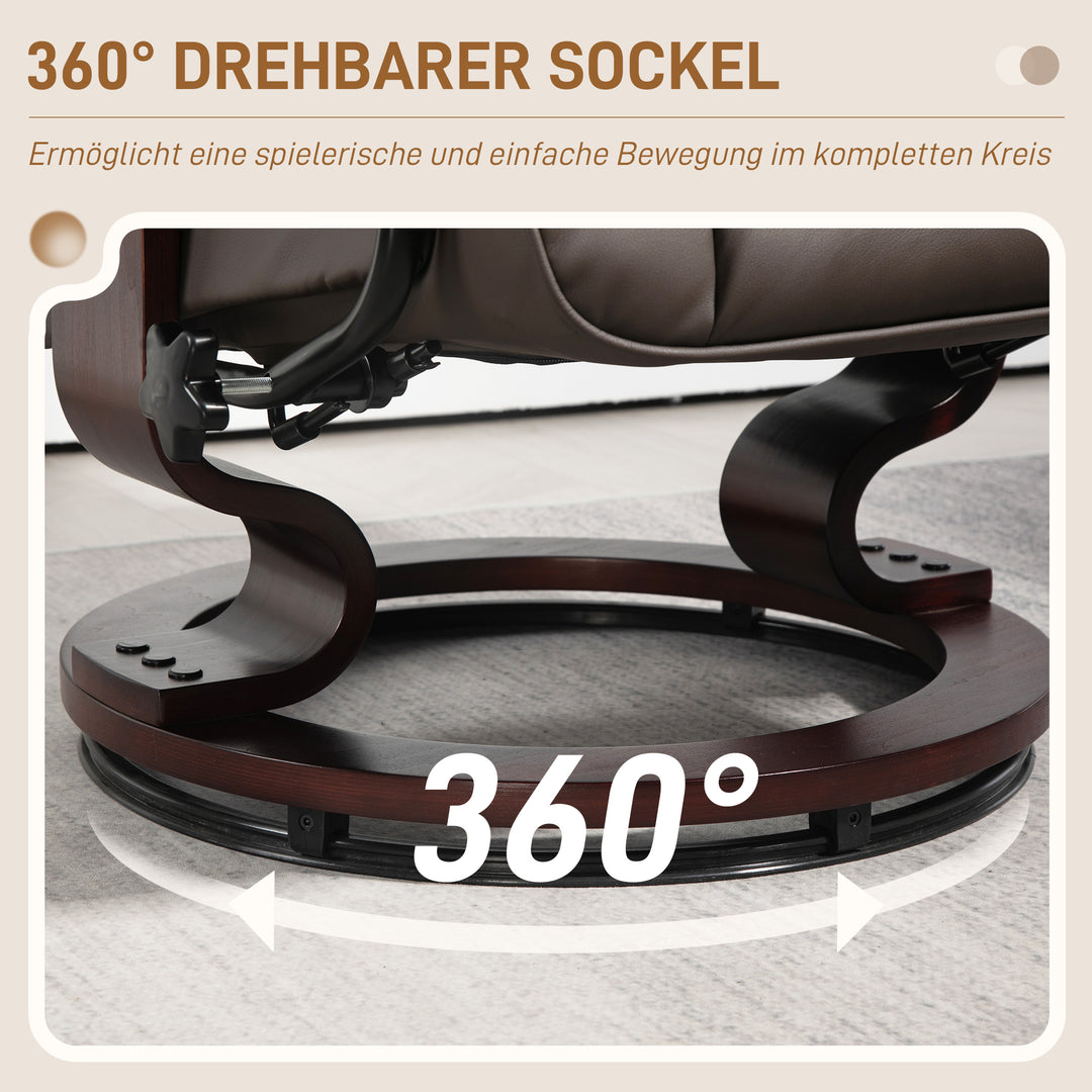 Lænestol med fodskammel, drejelig og vipbar, betræk i kunstlæder, op til 150 kg, træstel, brun