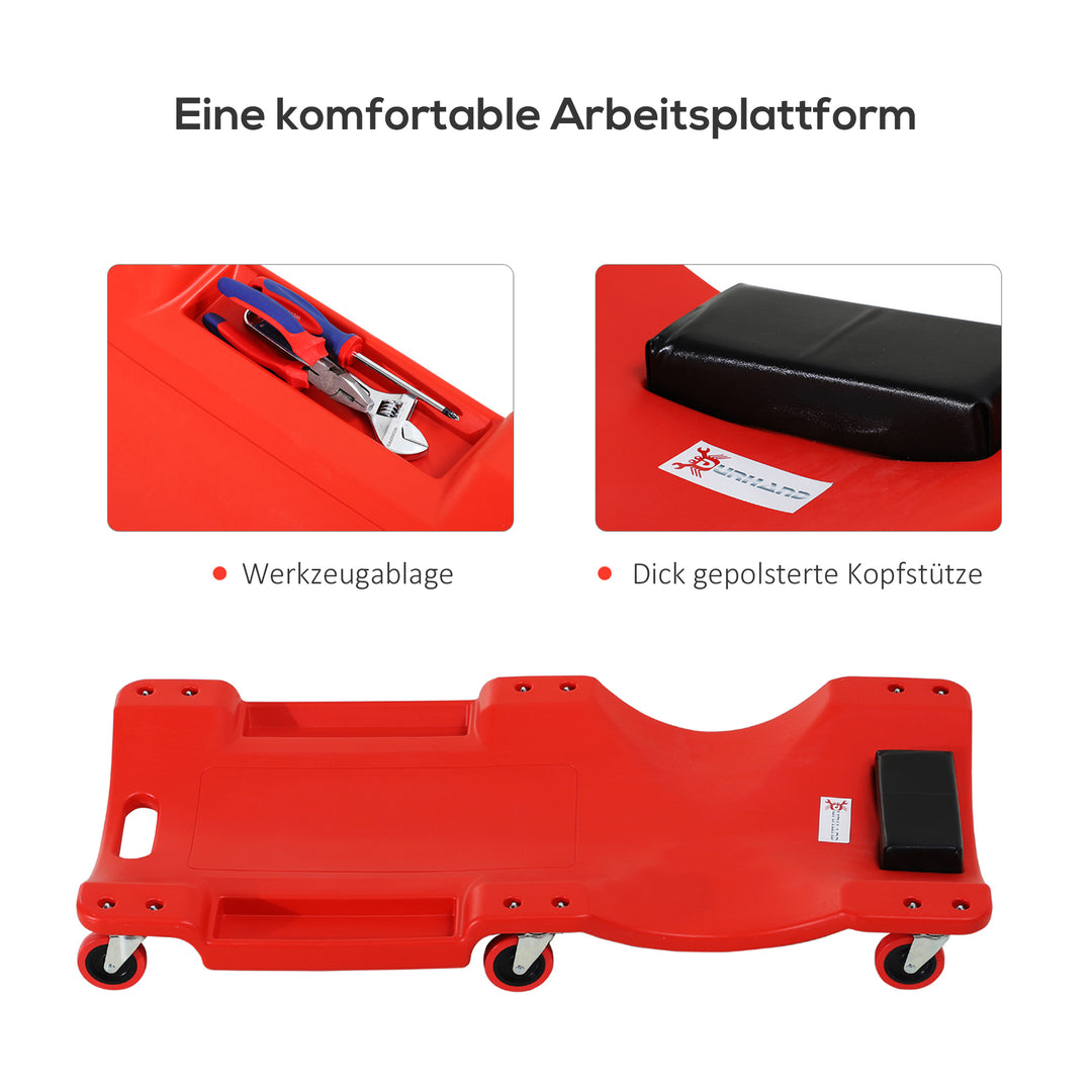 Monteringsrullebræt, nakkestøtte, værktøjsbakke, oliebestandig, op til 120 kg, 100x48x12 cm, rød