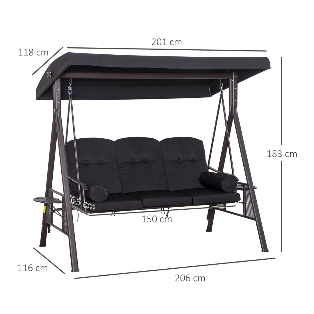 Hollywood gynge til 3 personer, vipbart tag, metalramme, brun+sort, 116 x 206 x 183 cm