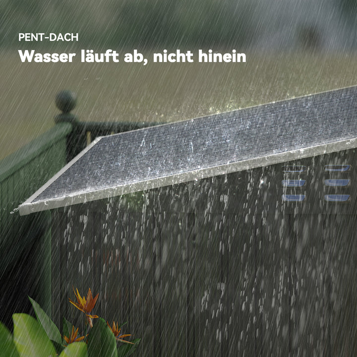 Haveskur, redskabsskur med vinduer, ventilationshuller, skydedør, vandtæt stål, vejrbestandig, mørkegrå