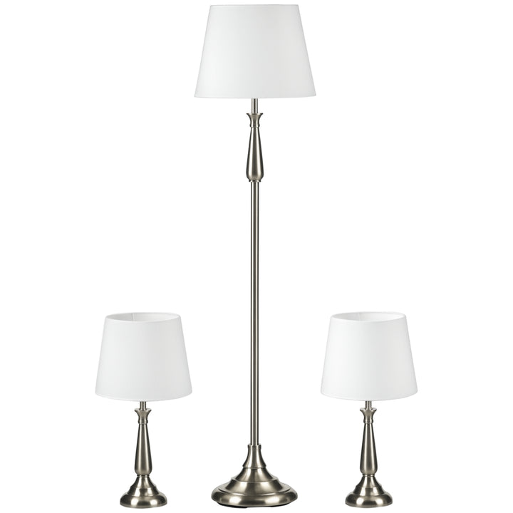 3-Delt lampesæt i vintage design, 2 bordlamper, 1 gulvlampe, 35,5 cm x 35,5 cm x 146 cm, sølv + hvid
