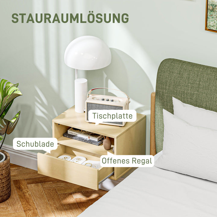 2-Delt vægmonteret natbordssæt, sengebord, natbord, spånplade, naturlig, 45 x 35 x 27,5 cm