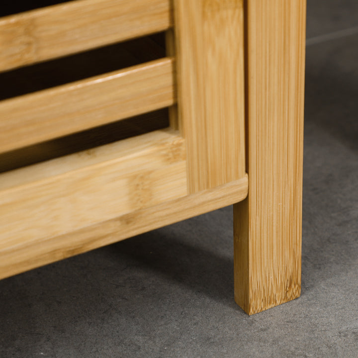 Badeværelseshylde, skabsrum med lameldør, justerbare hylder, bambus, 33 x 30 x 120 cm