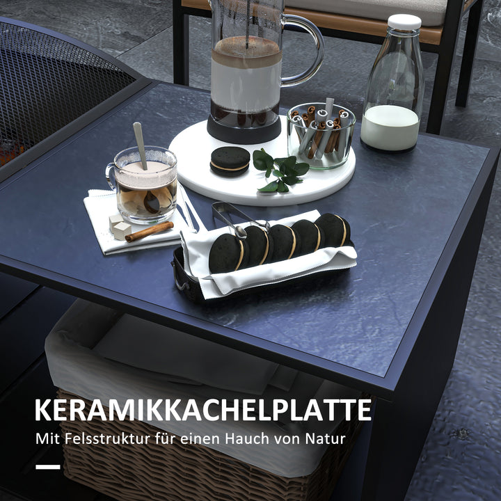 2-I-1 bålskål, bordplade med keramiske fliser, poker, rustfri, 101 x 51 x 56 cm, sort