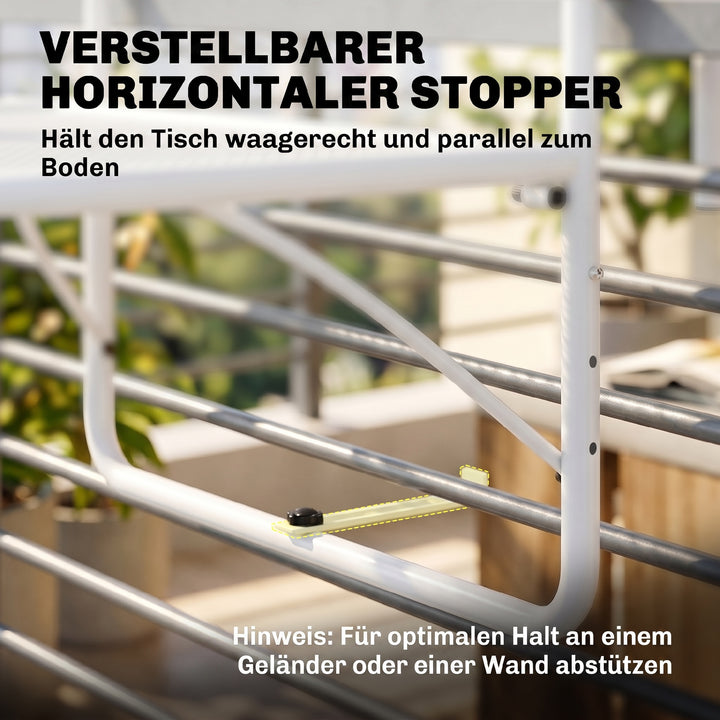Balkonhængebord, 3-vejs højdejusterbart, metalhængebord, vejrbestandigt, balkonsidebord til balkonrækværk og terrasserækværk, 60 x 56 cm, hvid