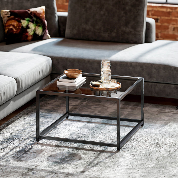 Firkantet sidebord/natbord med bordplade i hærdet glas, sofabord med stålben, 68 x 68 x 39 cm, sort