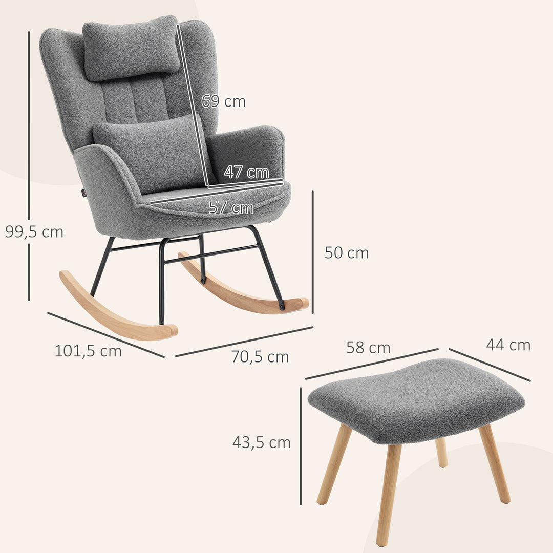 Gyngestol med fodskammel, blødt fleecebetræk, træben, hynde, høj ryg, gyngestol, mørkegrå
