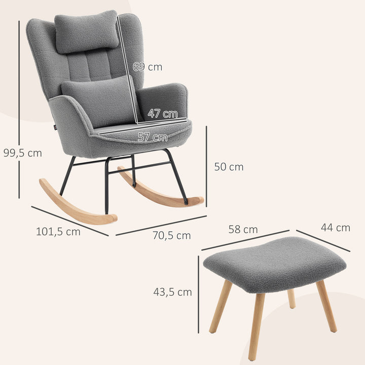 Gyngestol med fodskammel, blødt fleecebetræk, træben, hynde, høj ryg, gyngestol, mørkegrå