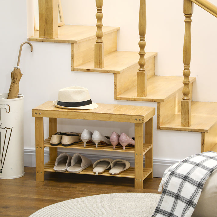 Skobænk, 3 niveauer, plads til 6-9 par sko, op til 130 kg, bambus, 70 x 28 x 45 cm