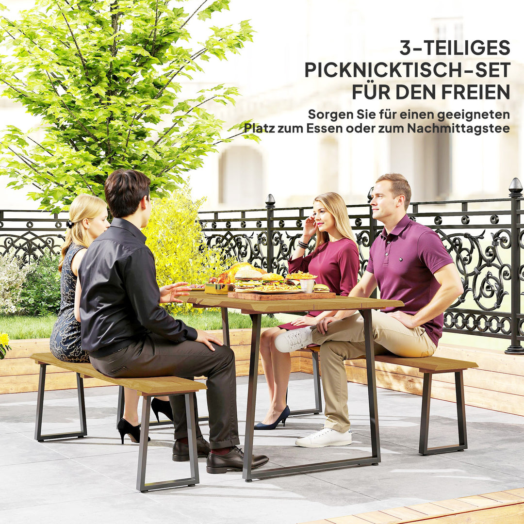 3-Delt træspisesæt til 6 personer, spisebord med 2 bænke, parasolhul, træbord, 178 x 76 x 77 cm, naturtræ