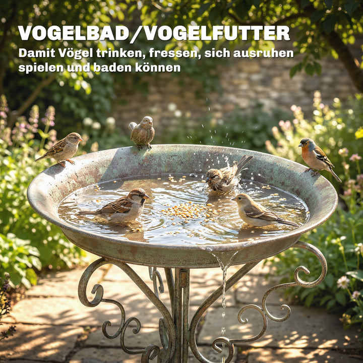 Fuglebad med fuglestatue og dekorativt stativ, vintage havefuglebadskålbase, grøn