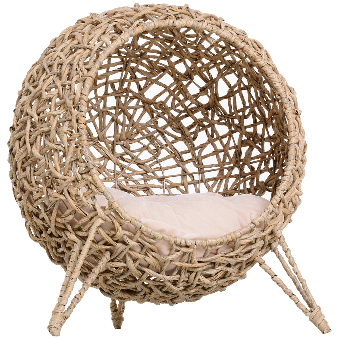 Rattan kattehus med hynde, katteseng, kattehule med hævede fødder, naturlig, Ø52 x 58 cm