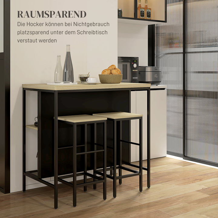 Barsæt, 2 barstole og 1 barbord, pletbestandig, stabil, stålstel, sort/eg