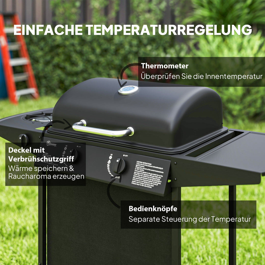 Gasgrill 7 KW grillvogn inkl. 3 brændere, sidebrænder, hjul, låg, 107 x 54 x 96 cm, sort