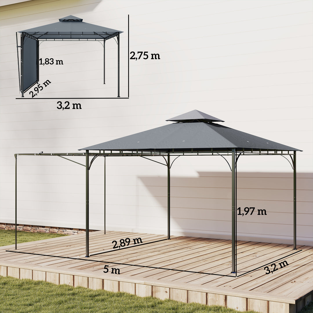 Pavillon 3,2x3,2 m Robust vintersikker havepavillon med udtrækkeligt tagudhæng, dobbelt tag mørkegrå