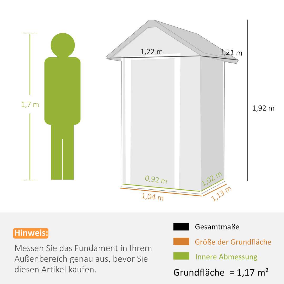 Metalhaveskur, 1,17 m², redskabsskur med skråtag, ventilation, lås, handsker, 122 x 121 x 192 cm