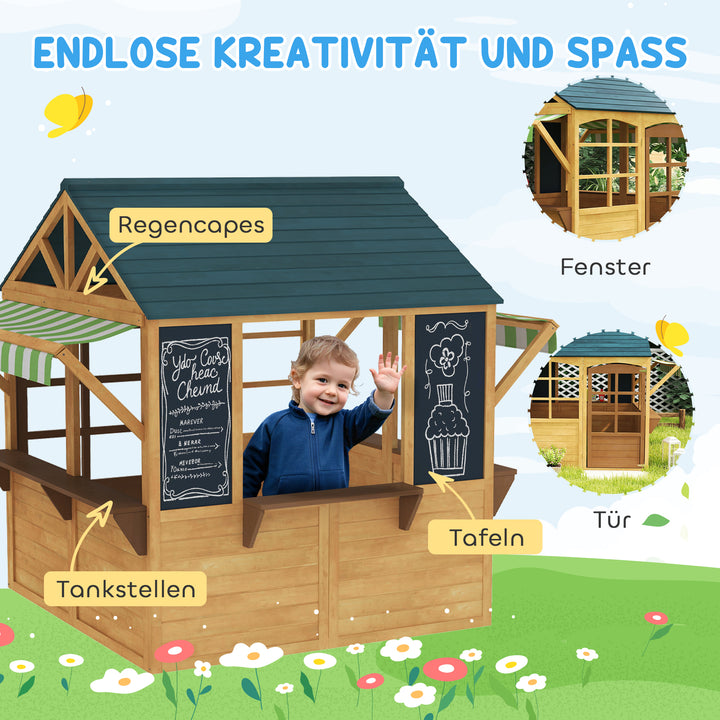 Børnelegehus lavet af fyrretræ, foldbart hus med vinduer og dør, til børn i alderen 3-8 år, brun og blå