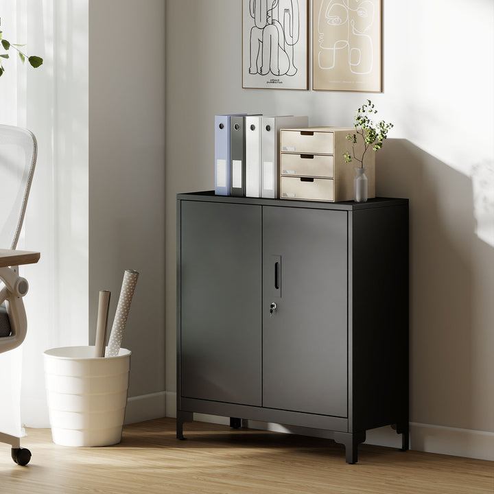 Metalkontorskab med aflåselige døre, kontorkommode, 2-lags design, sort
